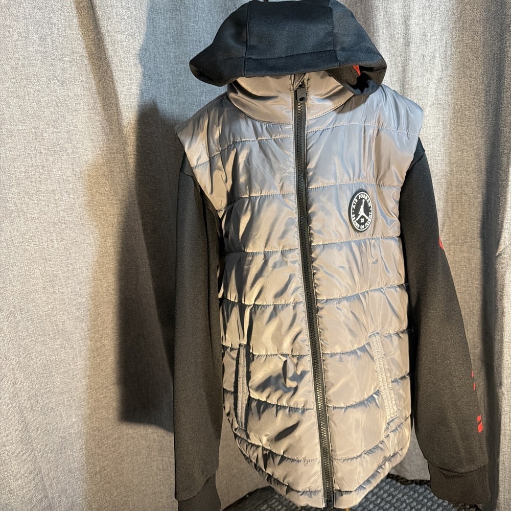 Jordan Boys Grey Puffer Fleece Hybrid Full Zip Hooded Jacket Size L 12-13Y